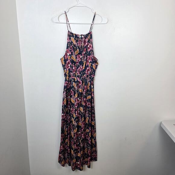 Old Navy Blue Pink Floral Whimsical Waist Defined Halter Satin Midi Dress Sz XS - Picture 7 of 8